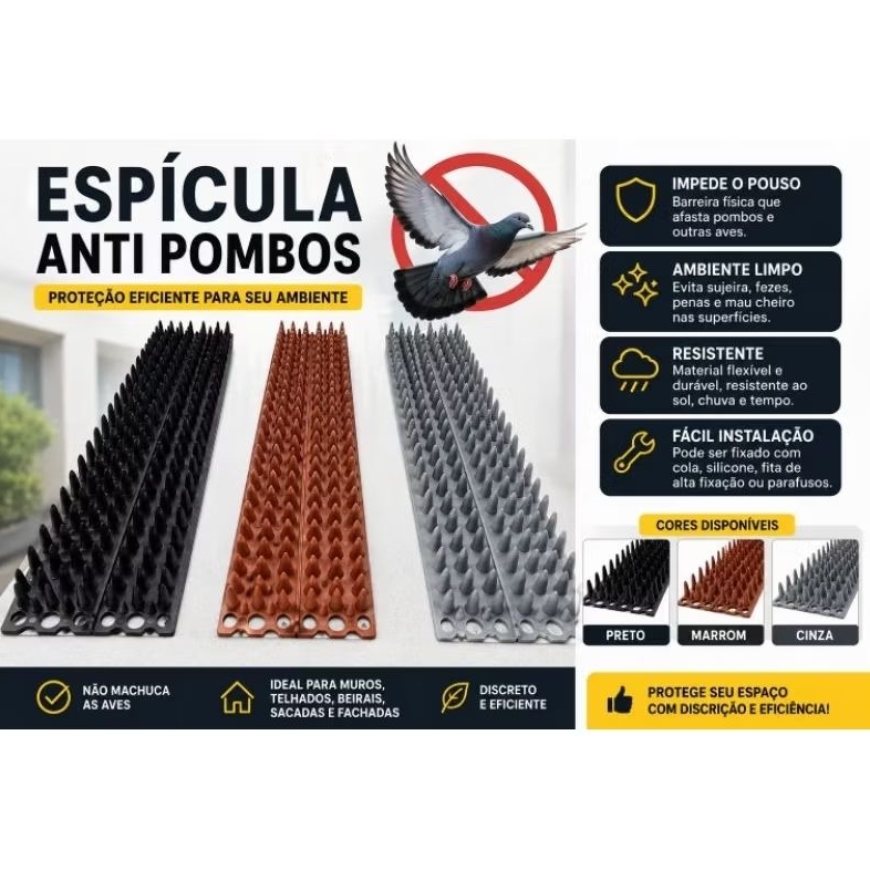 Kit Espícula Cerca de Segurança Plástica 10cm Anti Pombos Gatos Espinhos Inibidor Proteção Muro