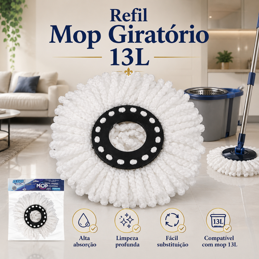 Refil Mop Giratório 13 Litros Microfibra Lavável Alta Durabilidade, 13L, Mopi