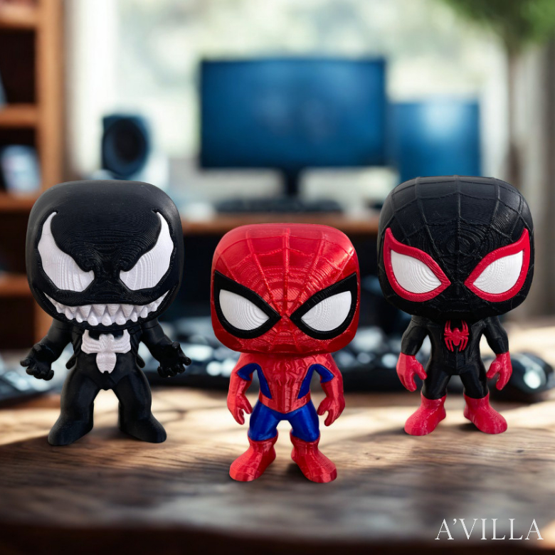 Bonecos Homem-Aranha, Miles Morales (Homem-Aranha Preto) e Venom Impressão 3D Colecionável Geek