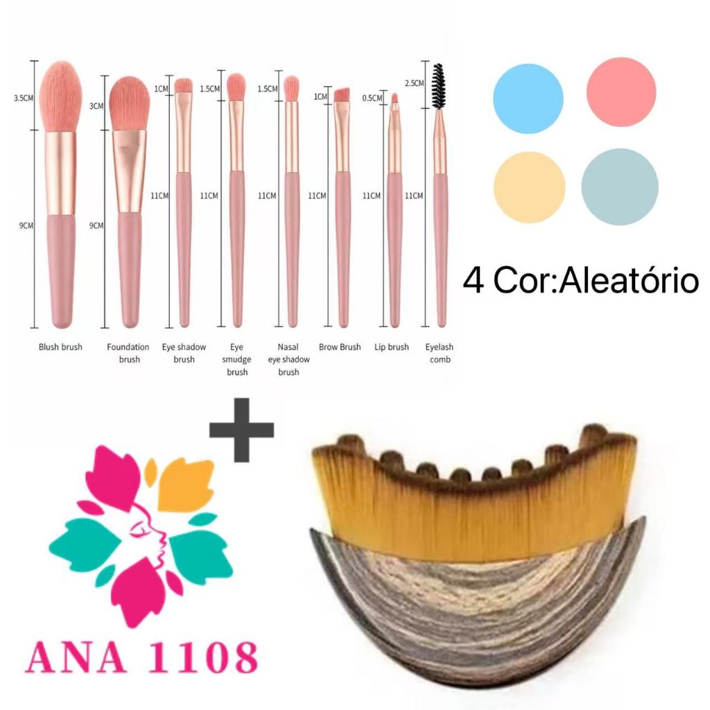 ANA1108 Kit mini 8 pincéis de maquiagem profissionais e 1 escova macia para massagem facial-Rich
