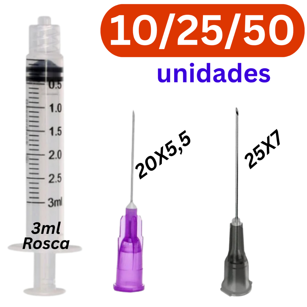 Seringa 3ml Bico Rosca C/ Agulha 20x0,55 ou 25x0,70  Kit 10/25/50 UNID. Medix/Descarpack/SR