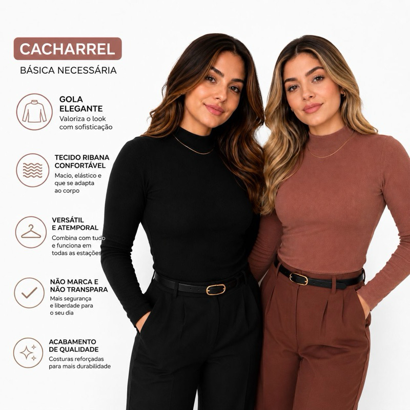 Blusa Cacharrel Ribana Inverno Manga Longa Gola Média | Conforto & Estilo (Preto/Marrom)