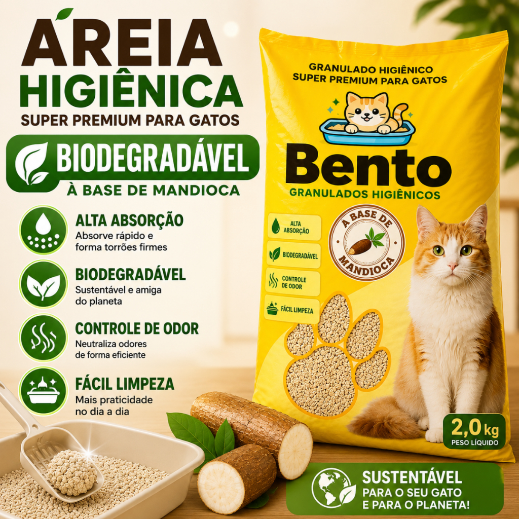 Areia Higiênica biodegradável Mandioca 2kg Alta Absorção Controle de Odor para bio Gato cat bento