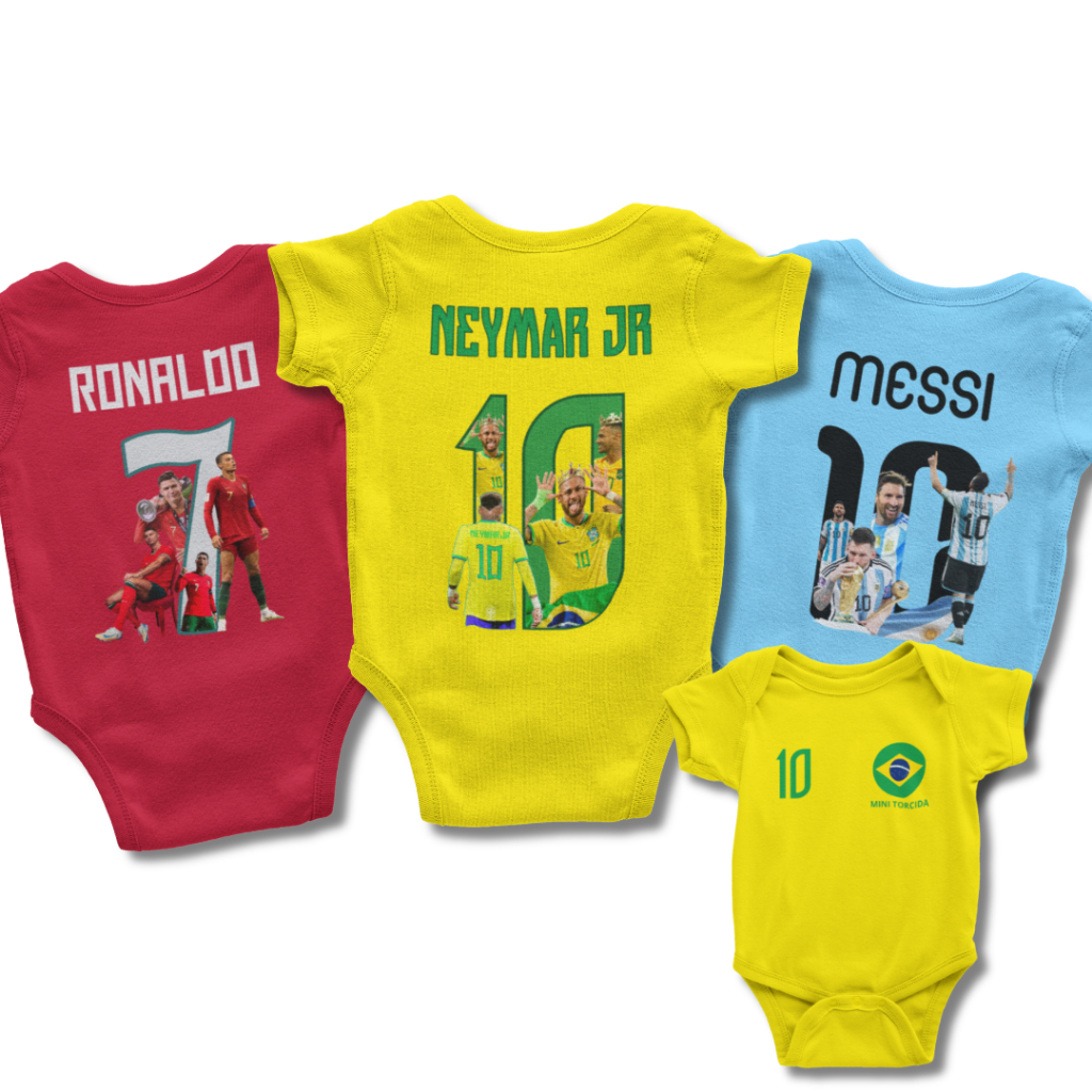 Body Bebê Temático Copa do Mundo 2026 - Neymar, CR7, Messi... - PERSONALIZADO - Menina/Menino