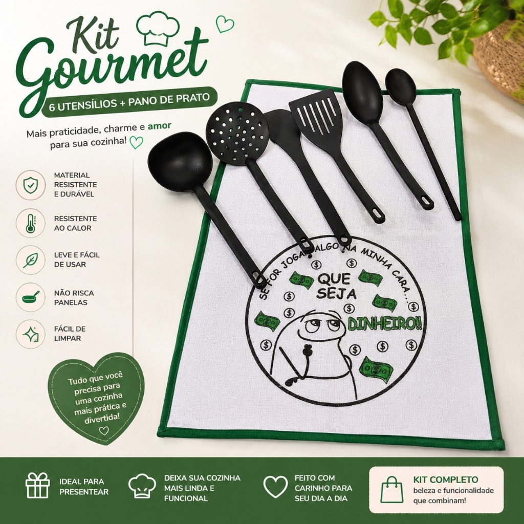 Kit Gourmet Cozinha 7 Peças + Pano de Prato | Utensílios de Cozinha Completo | Kit Cozinha Moderna