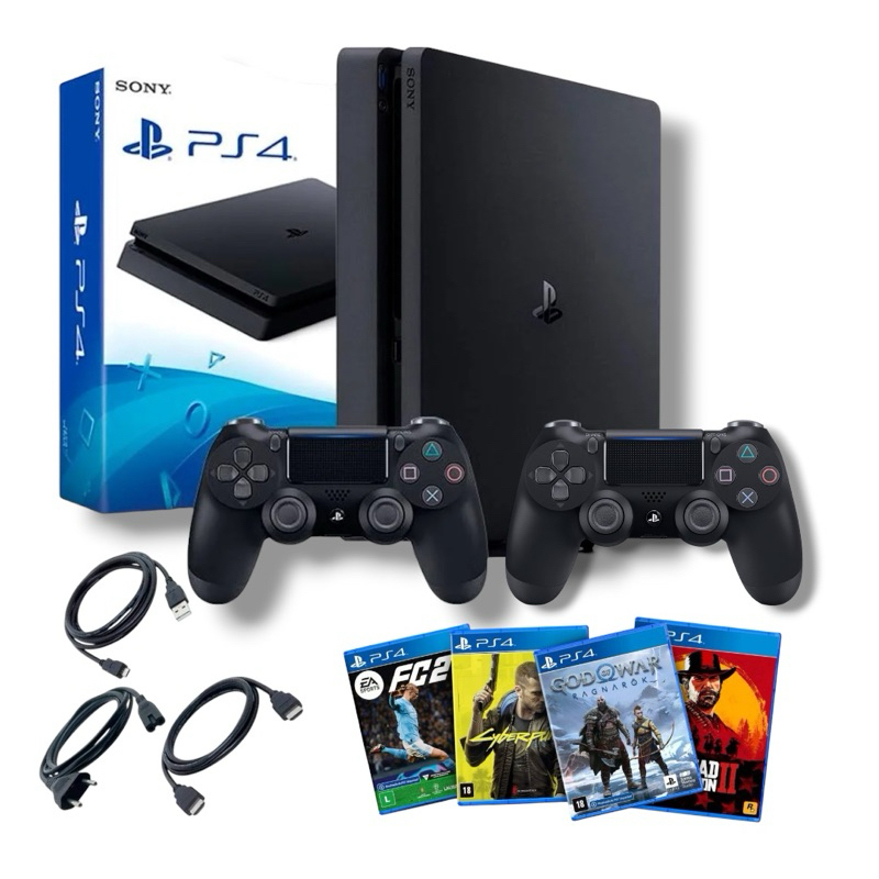 PlayStation 4 Slim | 4 Jogos CD | 2 Controles | Caixa e Acessórios