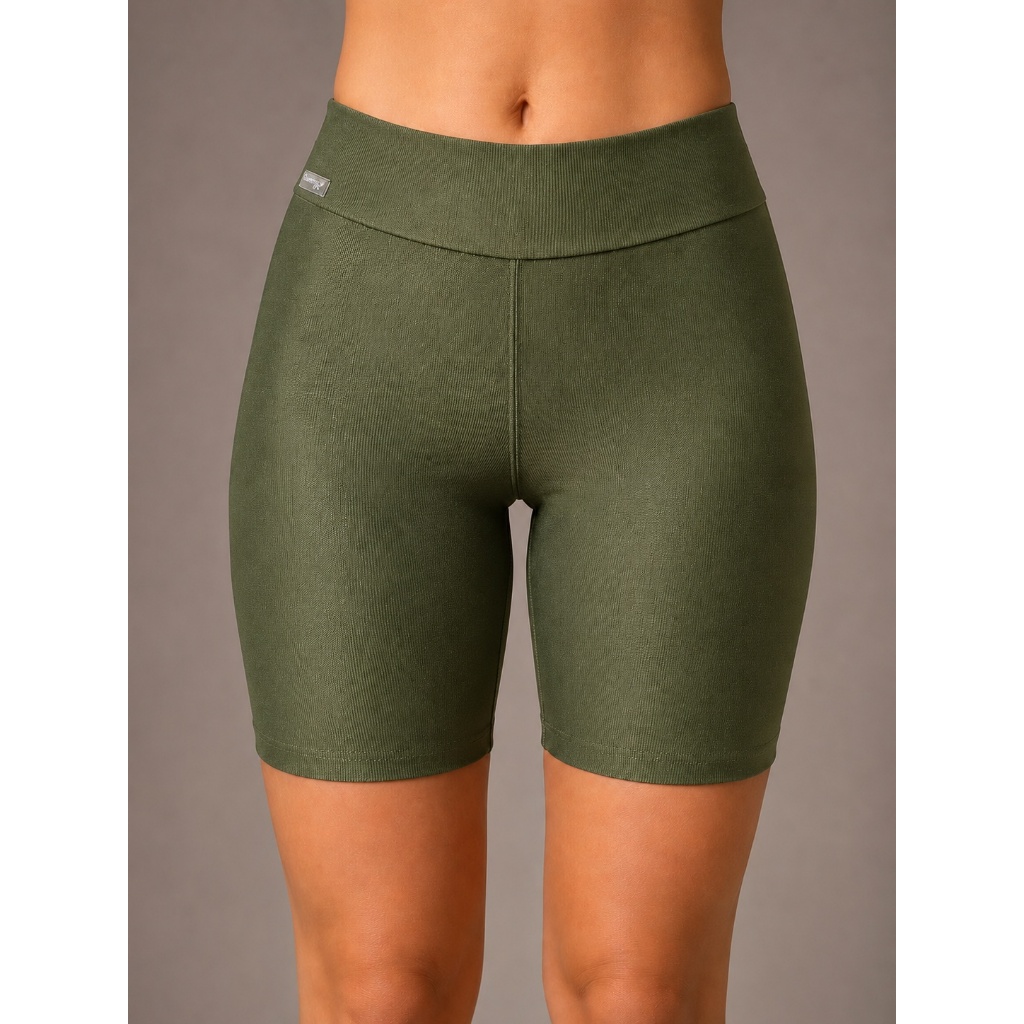 Short em Poliamida Canelada Verde Militar  Feminina Zero Transparência