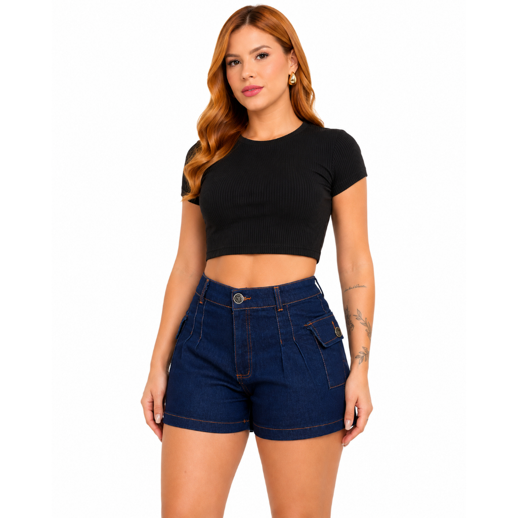 Short Jeans Feminino Cargo Com Lycra Elastano Premium Tendência