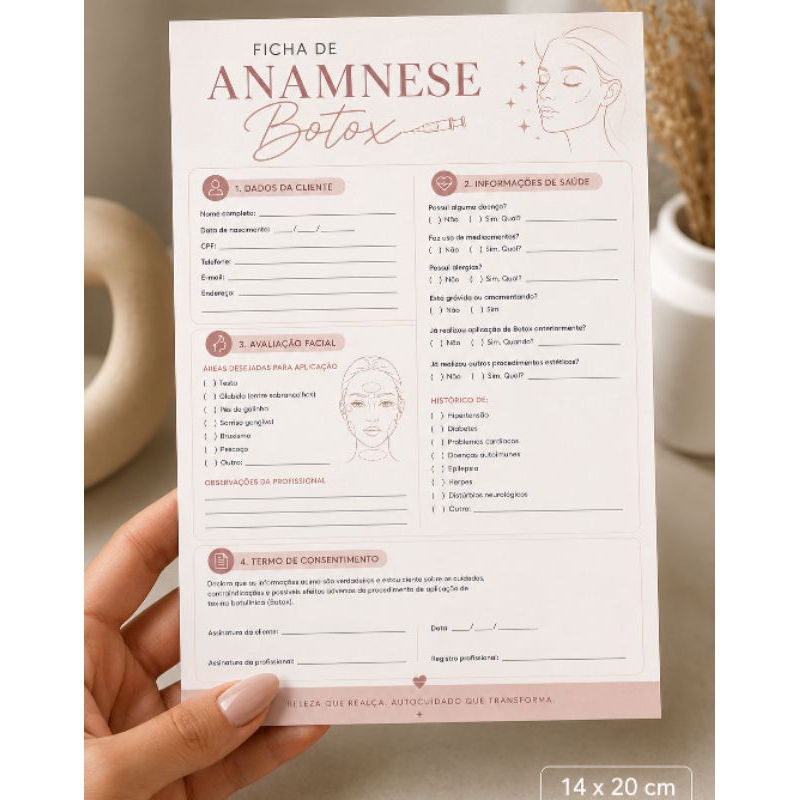 Ficha de Anamnese Botox Estética Facial | Avaliação Estética | Formulário Profissional 14x20 cm