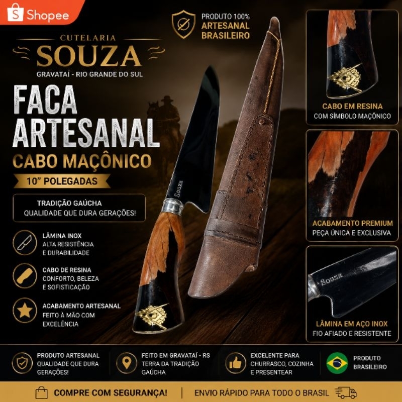 Faca Artesanal 10” Cutelaria Souza Cabo Resina Maçonaria Inox
