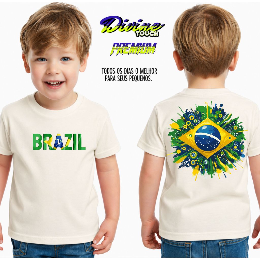 Camiseta Infantil Malha 30.1 100% Algodão Camisa Juvenil Estilosa Divertida Bandeira Do Brasil