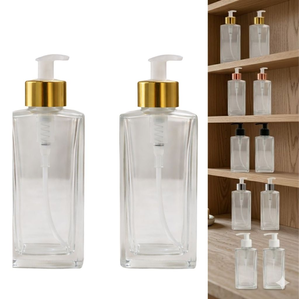 02 Frascos Square de Vidro 250ml para Sabonete Líquido – Válvula Luxo | Não Acompanha Líquido