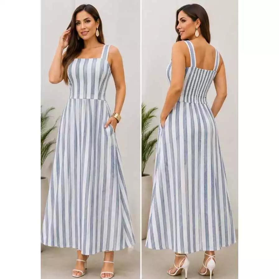 Vestido Midi Feminino Elegante Tecido Linho Forrado Com Elastex nas costas Com Bolso Fundo bege — imagem 1