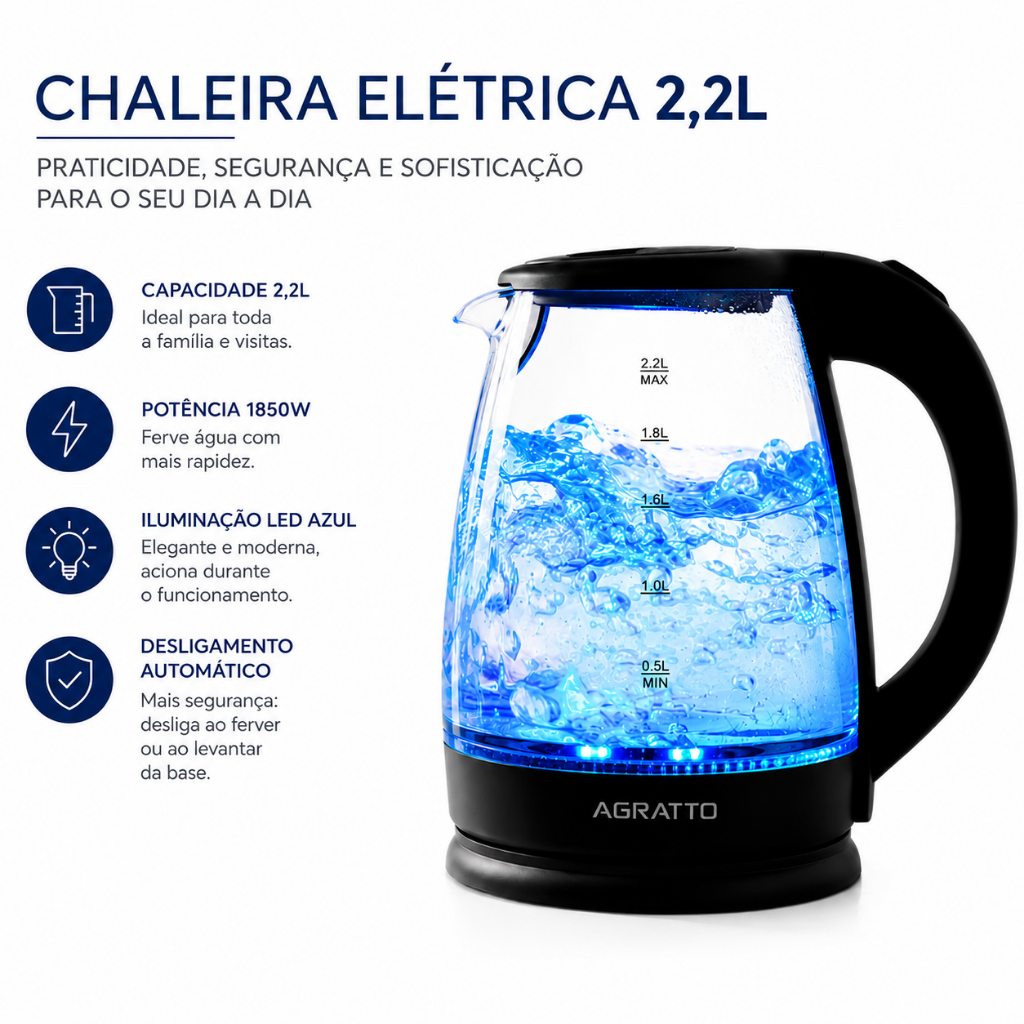 Chaleira Elétrica de Vidro Com LED Bule Vidro 2,2l Xaleira Fervura Rápida Jarra Chá Café Agratto