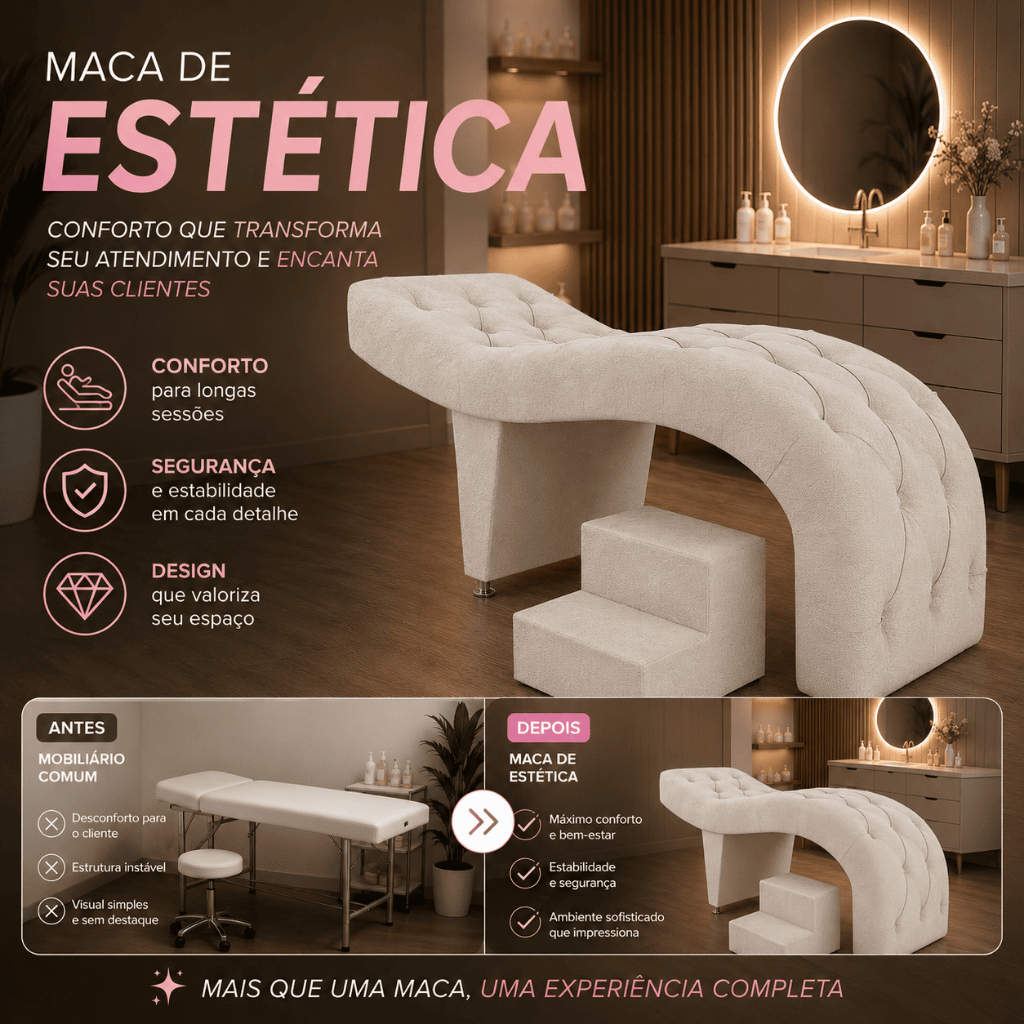 Maca de Estética para Massagem Cílios Fixa Lash Estofada com Escada PU Bege G83 - Gran Belo