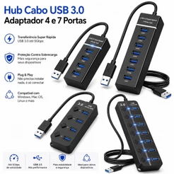 Hub Cabo USB 3.0 Adaptador 4 e 7 Portas Alta Velocidade Notebook PC Teclado 5Gbps Speed Pen Drive