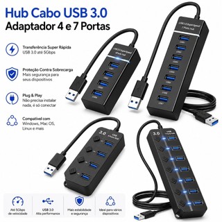 Hub Cabo USB 3.0 Adaptador 4 e 7 Portas Alta Velocidade Notebook PC Teclado 5Gbps Speed P…