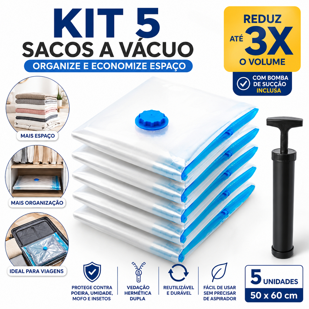 Kit 5 Saco a Vácuo Organizador Edredom Coberto Roupa Mala Economiza Espaço Com Bomba de Sucção
