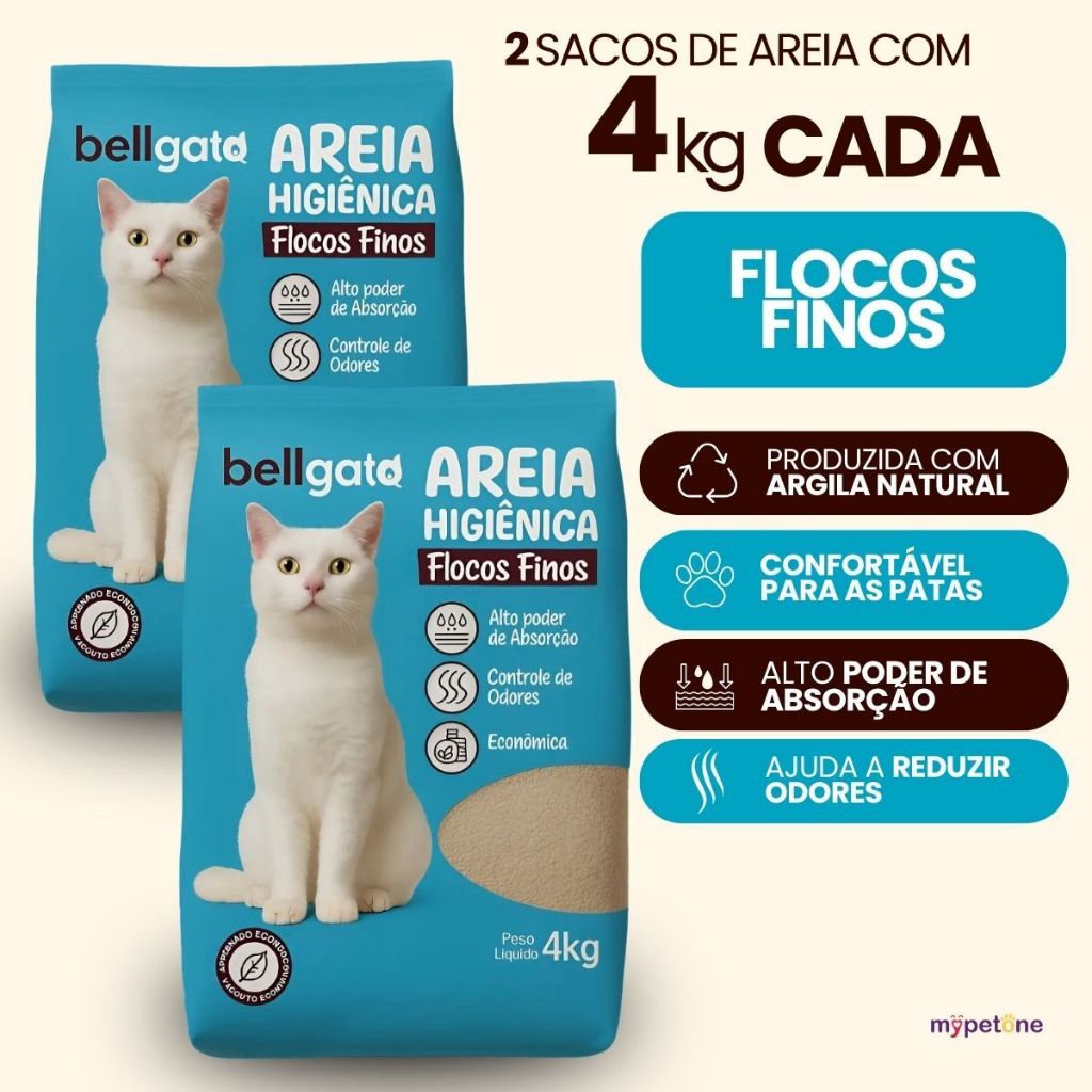 2 Areia Higiênica Bellgato Flocos Finos - 4kg