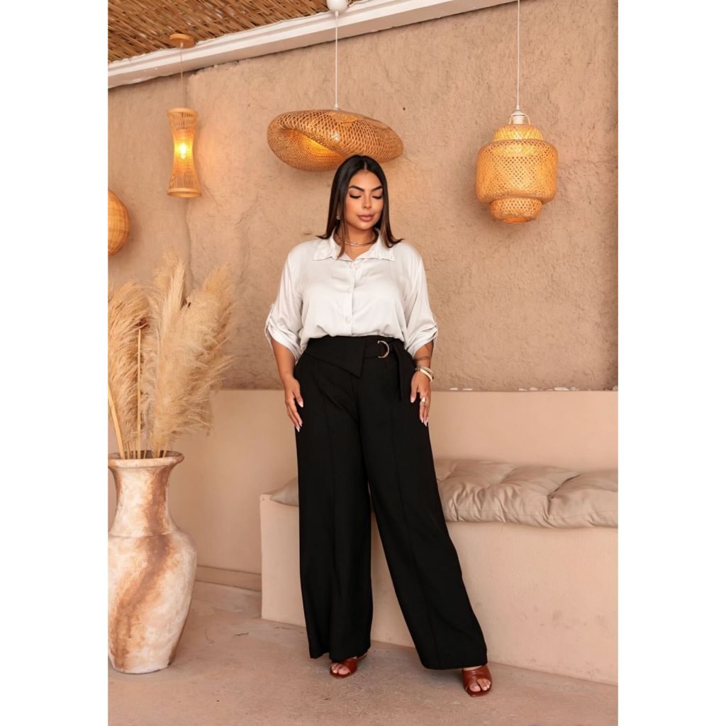 Calça feminina pantalona cintura alta plus size social marrente