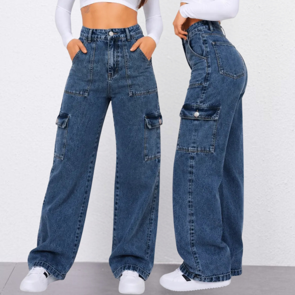 Calça Cargo Jeans Feminina Bolso Lateral Cintura Alta  Wide Leg Pantalona