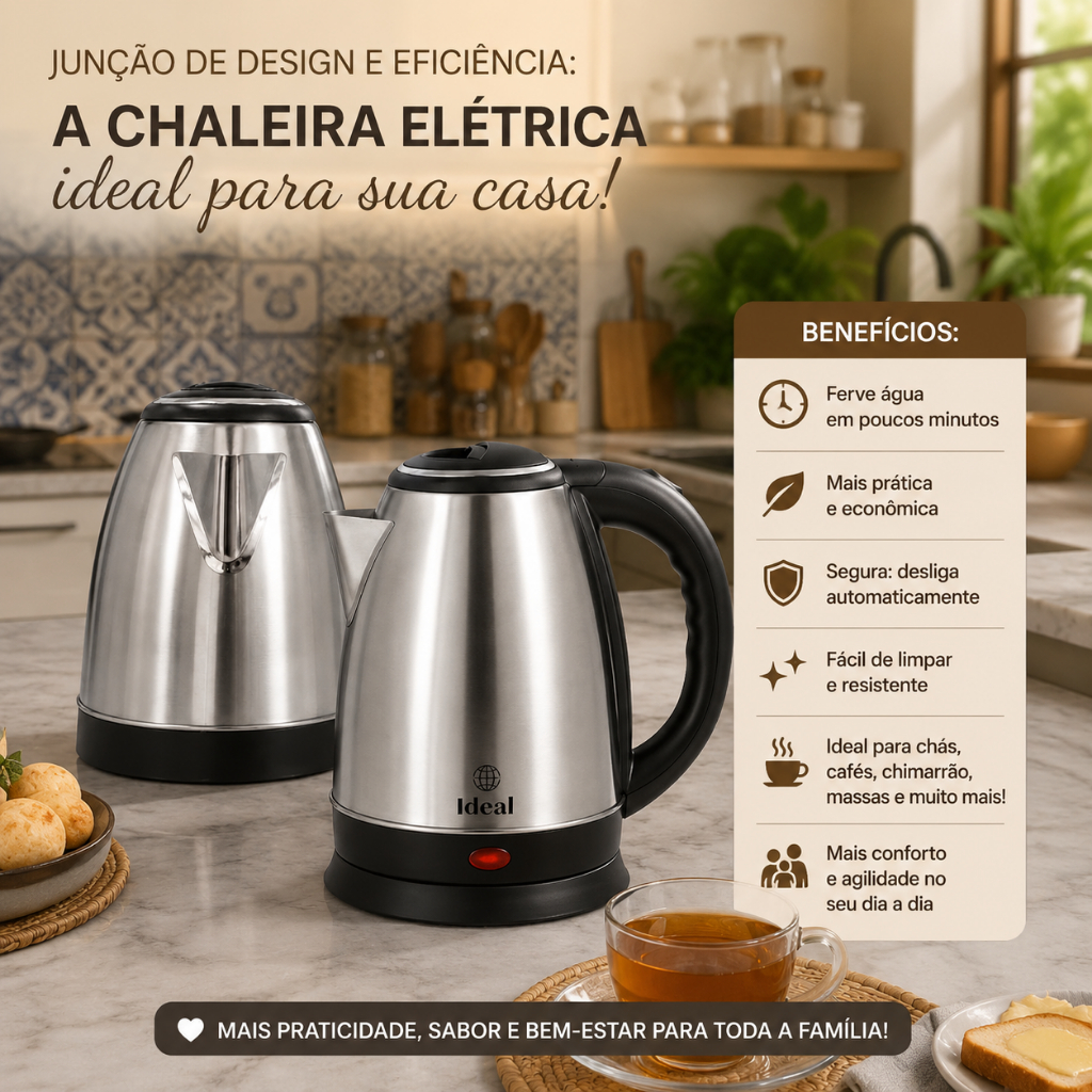 Chaleira Elétrica Inox 1,8L 1500W Rápid Fervura Potente 220V Alta Capacidade Desligamento Automático