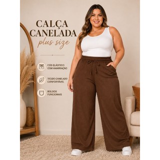 Calça Pantalona Feminina Plus Size Larguinha Cintura Alta Com Bolso