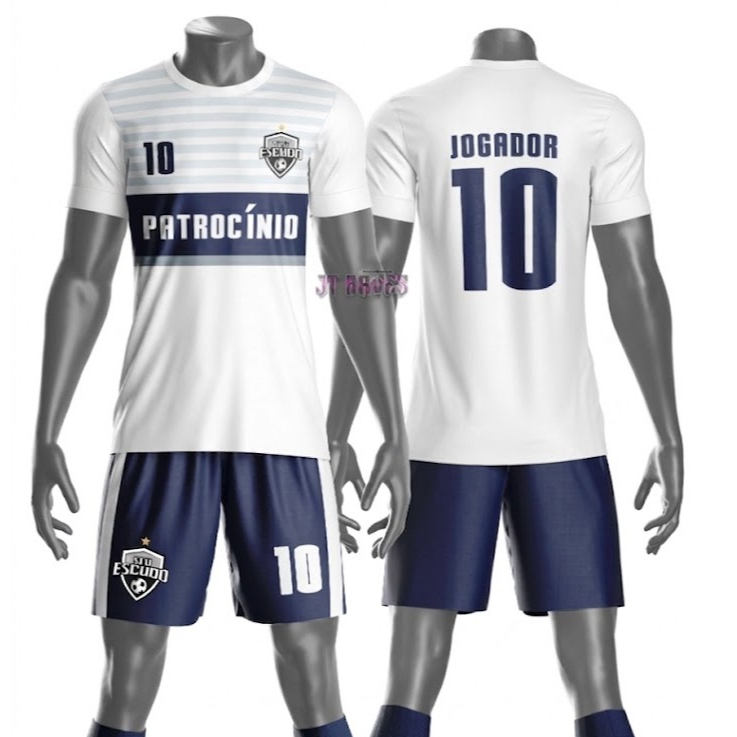 Uniforme jogador futebol amador esportivo camiseta e calção personalizavél nome número escudo mo 209