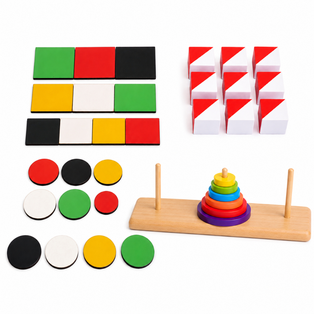 Kit Pedagógico Torre De Hanoi + Cubos Kohs + Teste Token Em Madeira Educativo