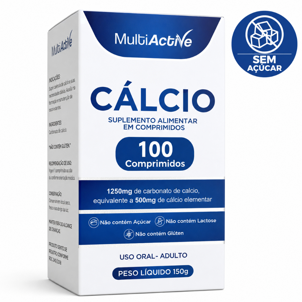 Calcio 500mg Elementar Carbonato 1250mg 100 Comprimidos Multiactive Ossos Dentes Forte Muscular Puro