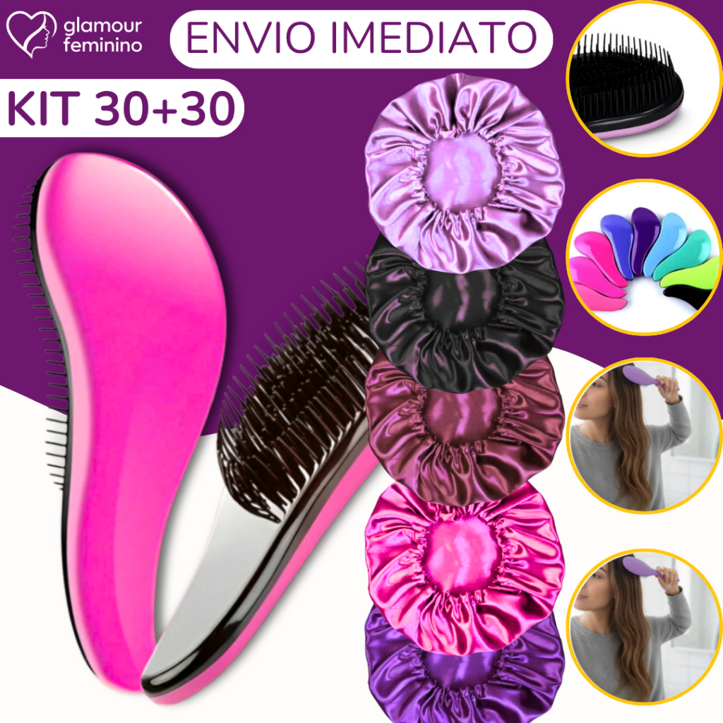 Kit 60 - Kit 30Touca De Cetim + Kit 30 Escovas Mágicas pra cabelo - Anti Frizz - De Desembaraçar Cabelo
