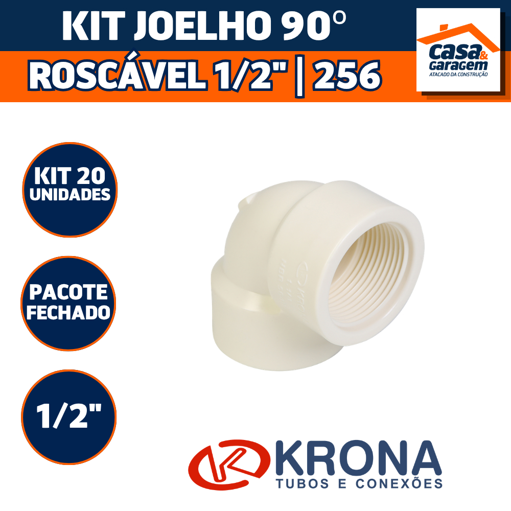 Kit Com 20 Joelho 90° Roscável 1/2" 256 Krona Conexão Hidráulica PVC