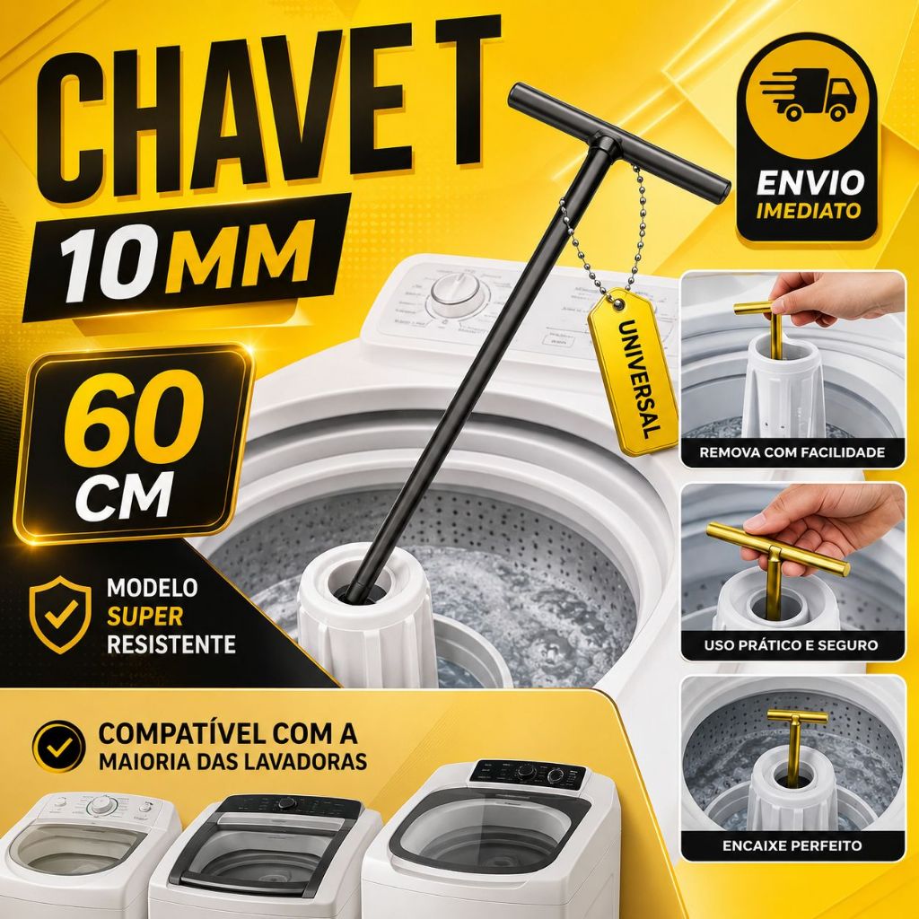Chave T 10mm Longa 60cm Profissional Para Sacar Agitador De Lavadora Universal