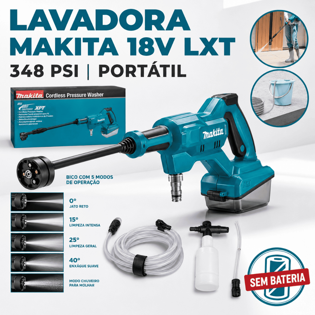 Lavadora Alta Pressão Makita DHW180Z01 18V LXT 348 Psi Portátil Sem Bateria Limpeza Profunda 5 em 1