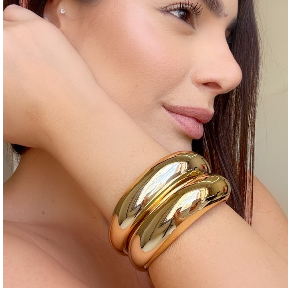 Bracelete Dourado e Prateado Feminino | Pulseira Chunky Espelhada | Kits Duplos | Acessórios Modernos