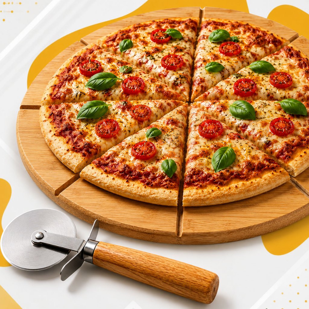 Kit Tábua Redonda Para Pizza Com Cortador Em Inox Bambu Com Divisórias Cortador Bolo Frios Churrasco