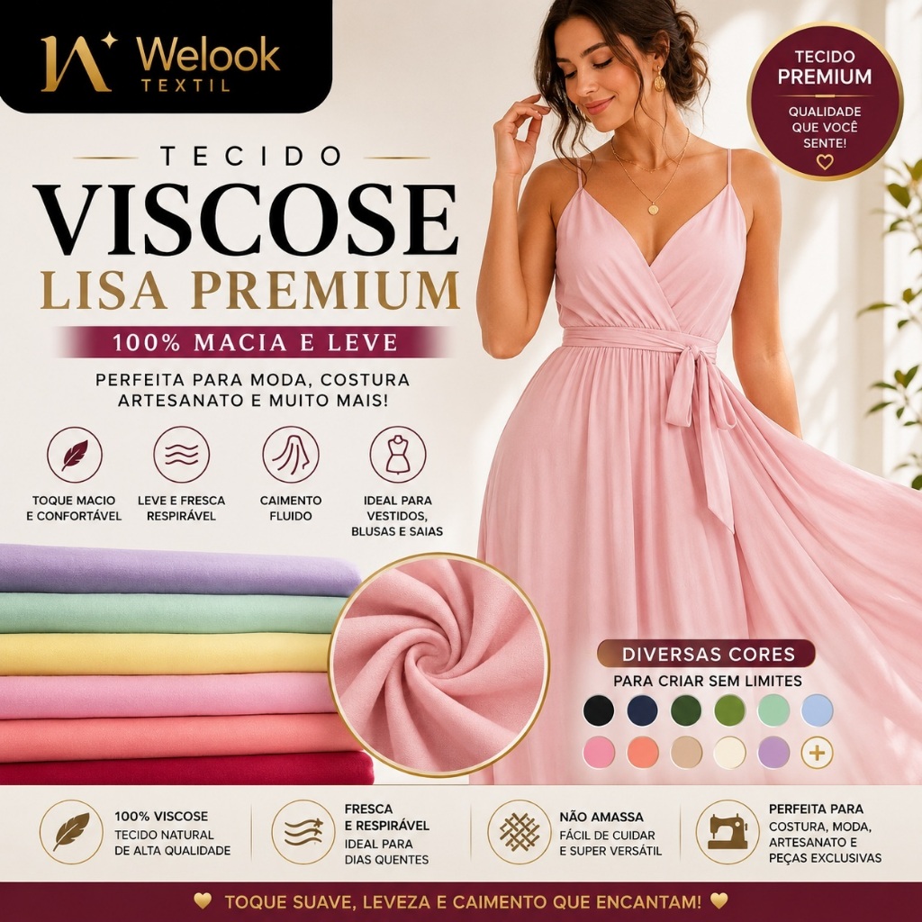 Tecido Viscose Lisa Premium 100% Macia Leve Para Vestidos e Blusas