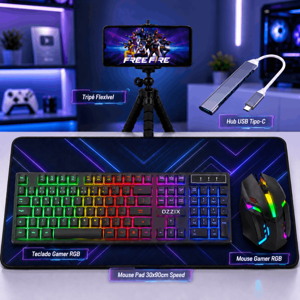 Kit Mobilador Gamer Completo Teclado Uma Mao Mouse Gamer Mousepad 30x90cm Hub Tipo C Tripé Full