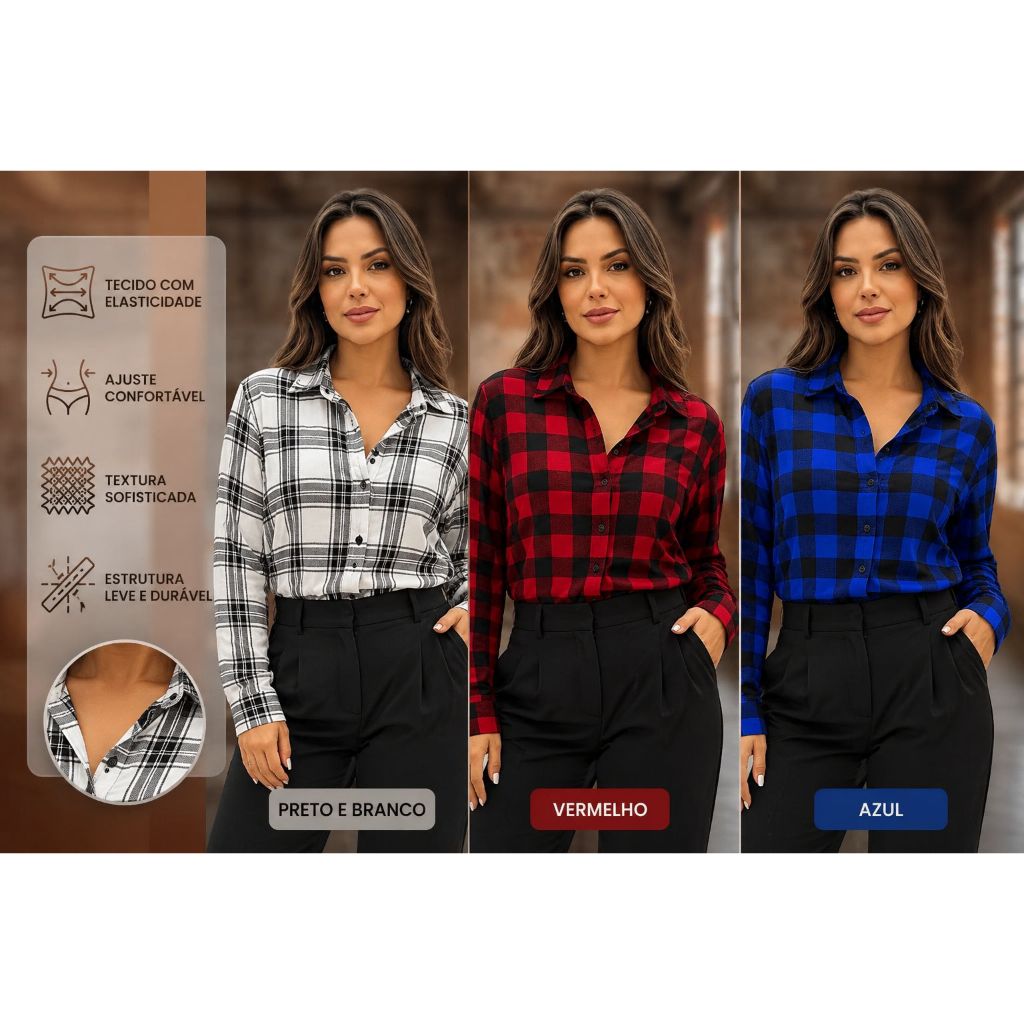 Camisa Feminina Blusa Xadrez Quadricualda Manga Longa Social Elegante Casual Chic Moda Feminina