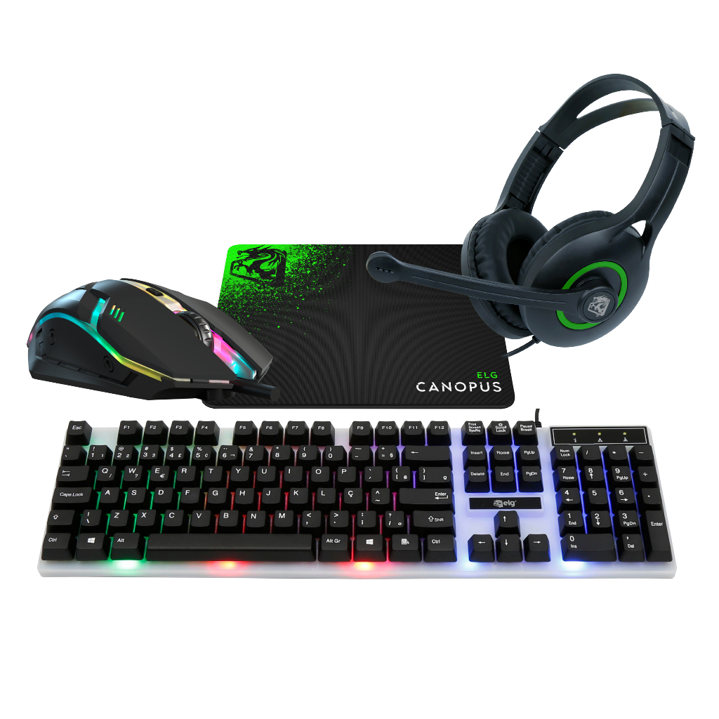 Combo Gamer Canopus 4 em 1, Teclado Membrana ABNT2 com LED Mouse RGB Headset 40W Mousepad CGCS41 ELG