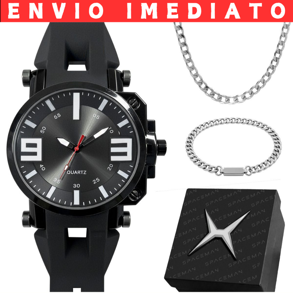 Relógio Masculino Preto + Cordão Grumet + Pulseira + Caixa de Presente Premium Completo Aço Inox