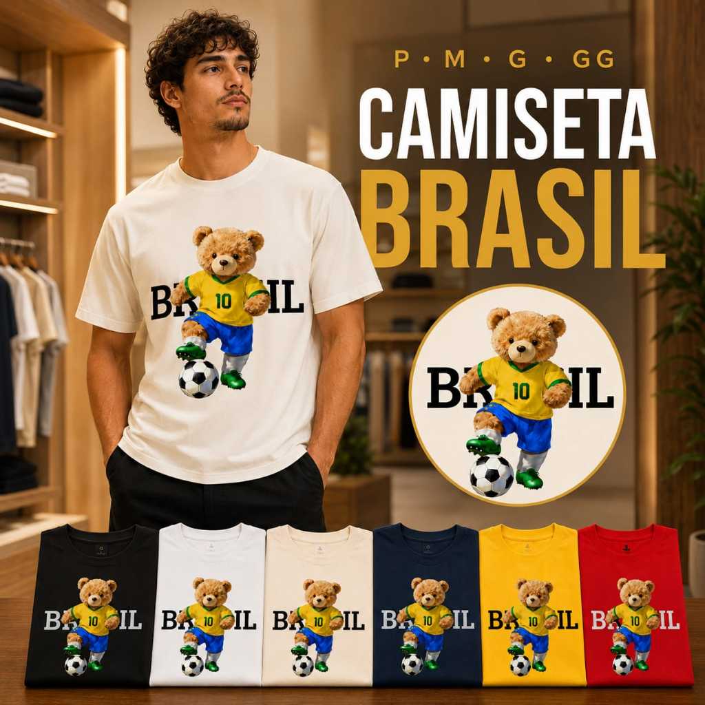 Camiseta Unissex Brasil Urso Futebol Blusa Estampa Frente Dia a Dia Camisa