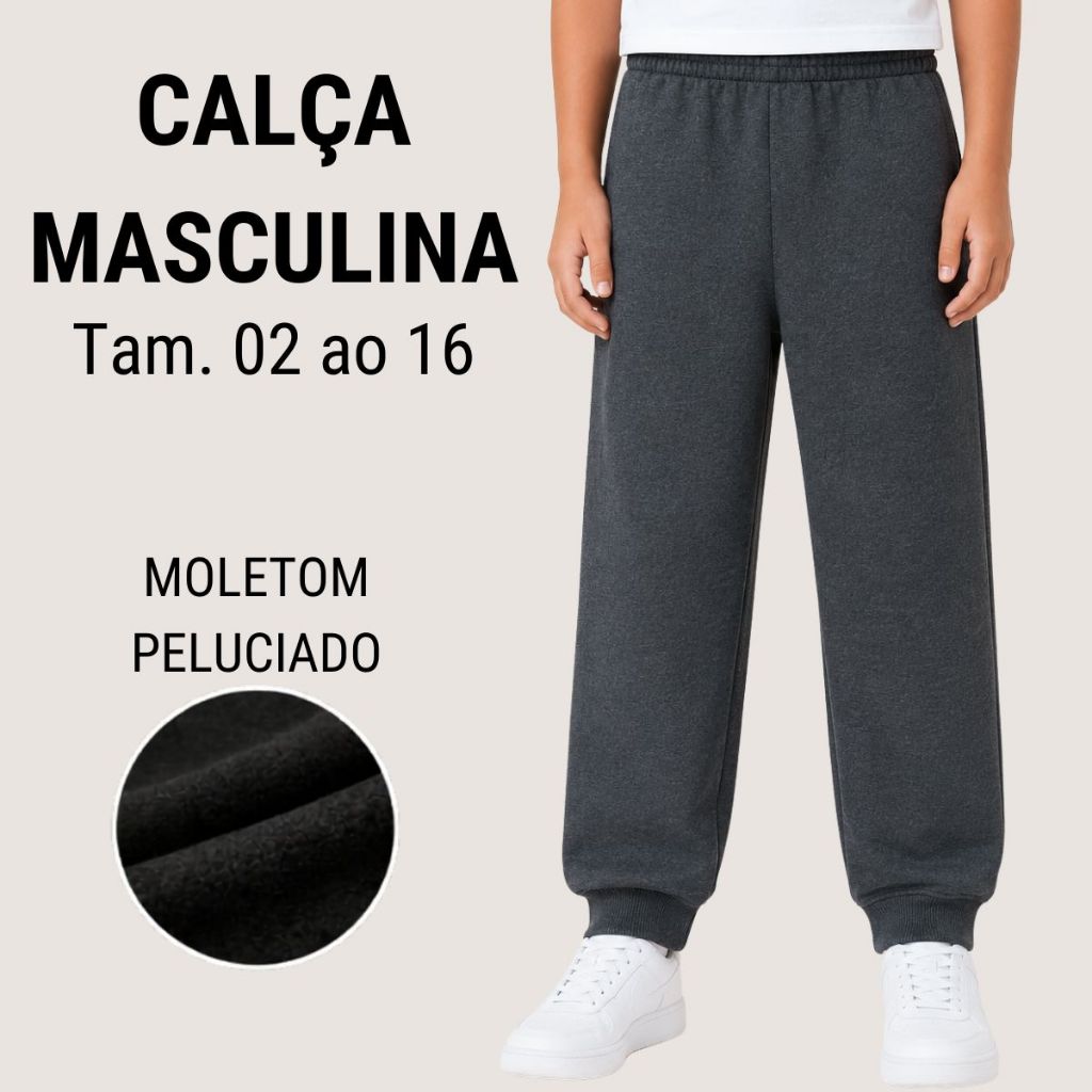 Calça Infantil Juvenil Masculina Agasalho Moletom Peluciado Com Punho 3006-A