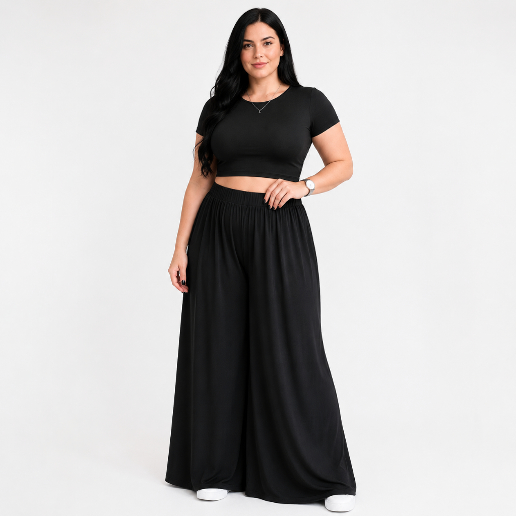 Conjunto Plus Size Feminino Viscolycra Premium Cropped Manga Curta e Calça Pantalona Preta Elegante