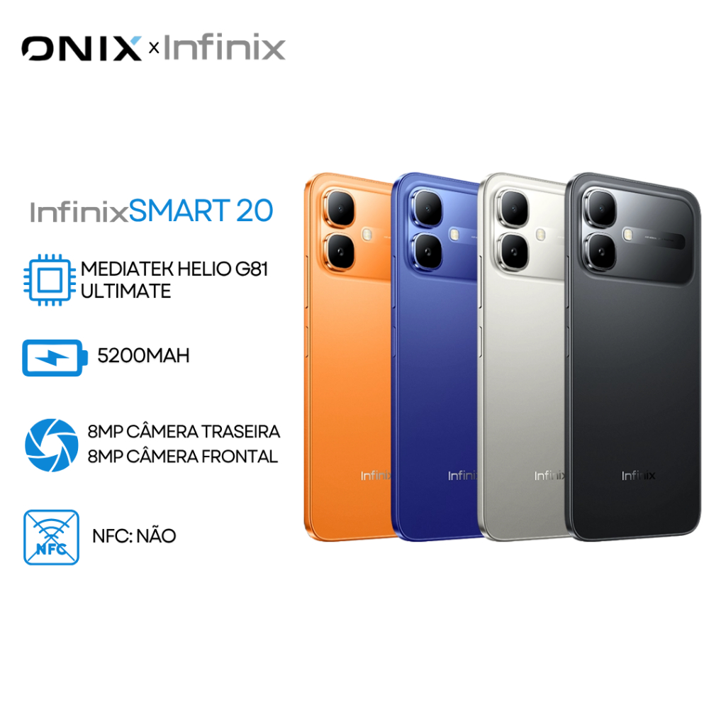 Infinix Smart 20 4G, Versão Global, Processador MediaTek Helio G81 Ultimate, 128GB + 4GB RAM, Bateria 5200mAh