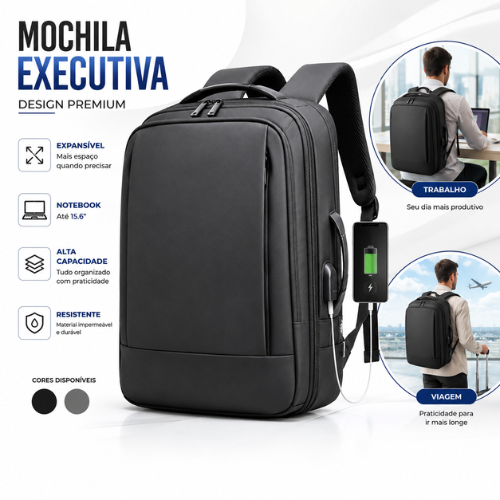 Mochila Executiva Notebook 15.6 USB Impermeável Expansível Viagem Trabalho Faculdade Resistente Premium