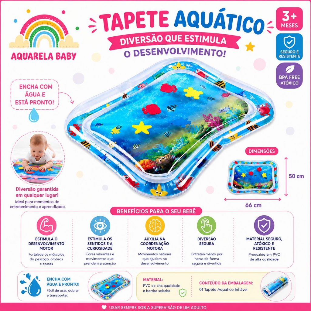 Tapete Infantil Bebê Inflável Água  Menino e Menina Atividades Sensorial Baby