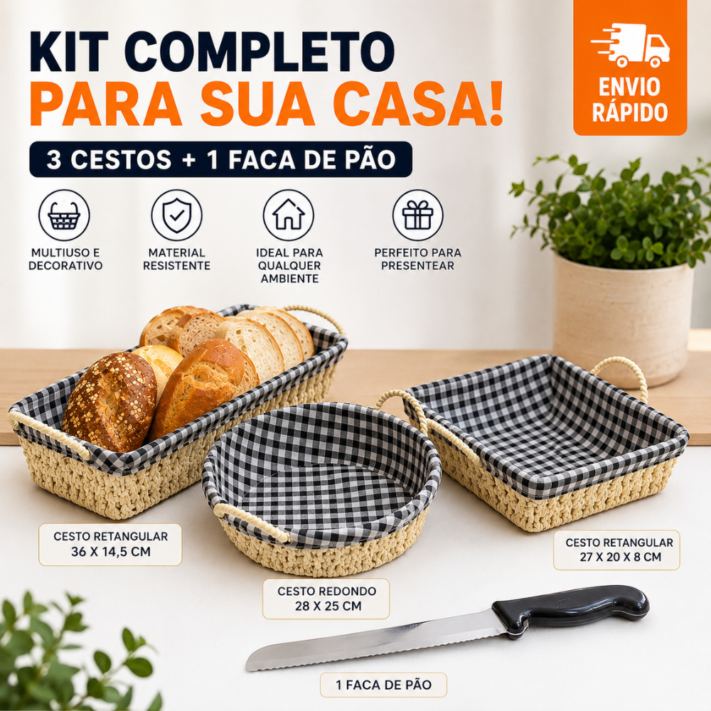 CESTO DE PÃO COZINHA ORGANIZADOR BOLO KIT C/3 + FACA DE PAO GRANDE GRÁTIS