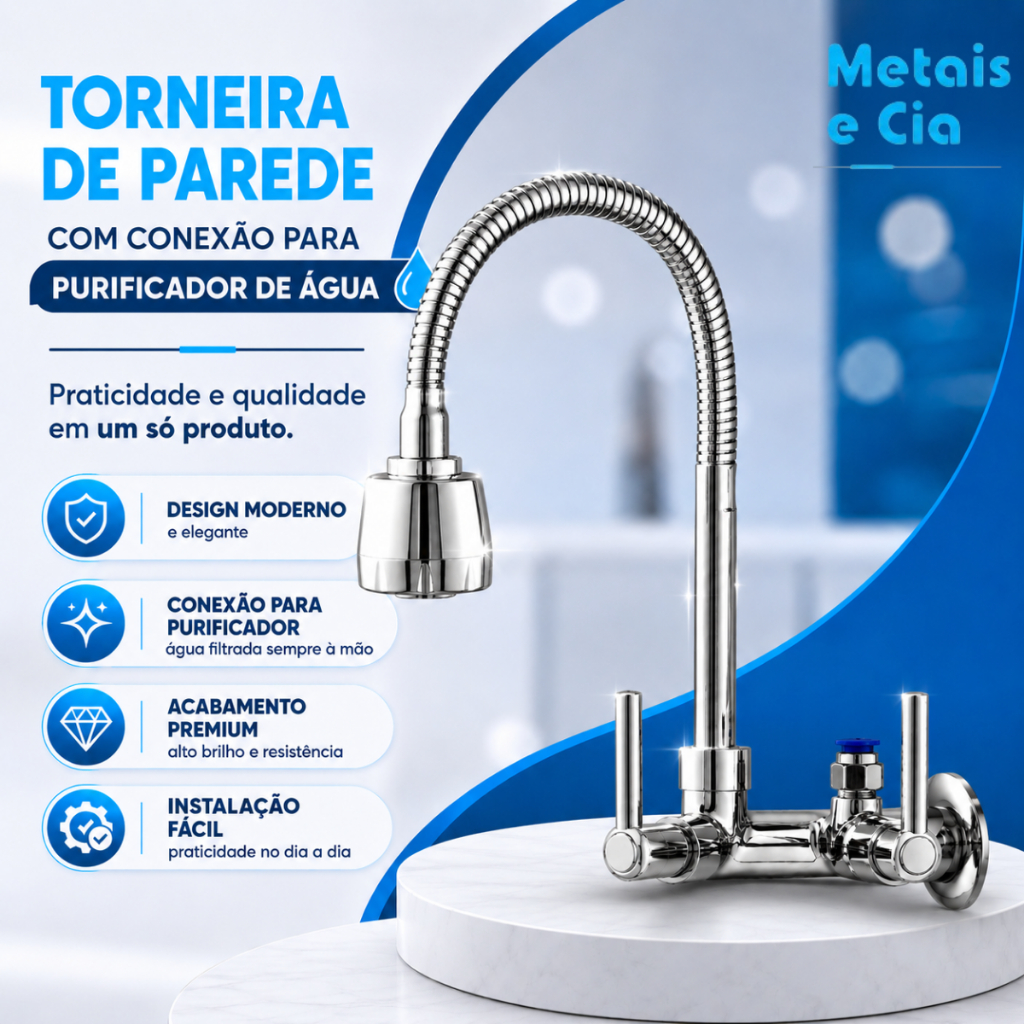 Torneira Gourmet sem Filtro Parede e Bancada Tubo Gourmet Inox Flexível 1/4 de volta