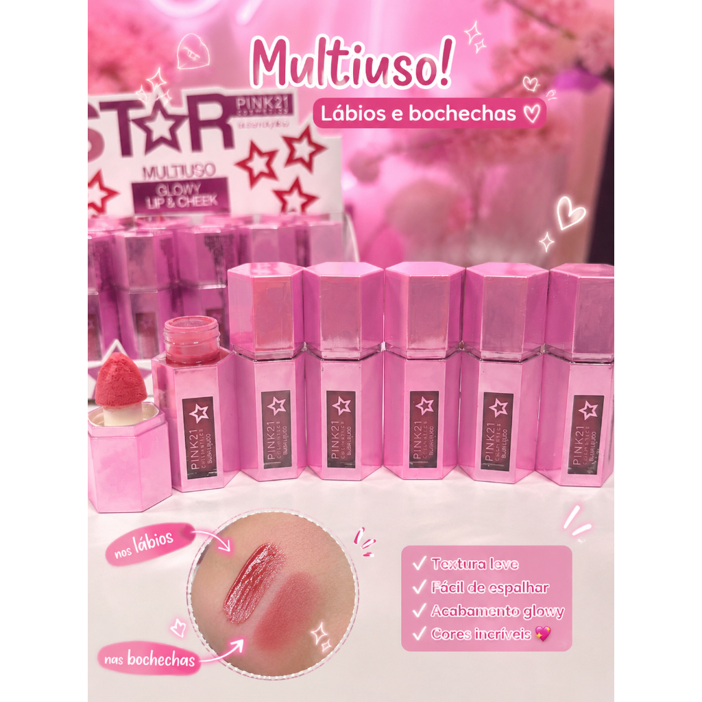 Detalhes do Kit 6 Blush Líquido Tons Variados Efeito Rosado Natural-HOT SALE -Blush Líquido Para Lábios e Bochechas Acabamento Glowy